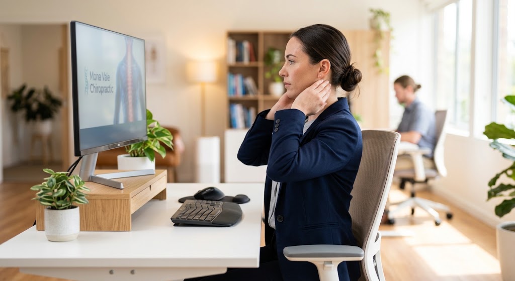 Chiropractor demonstrating desk posture correction for tech neck relief